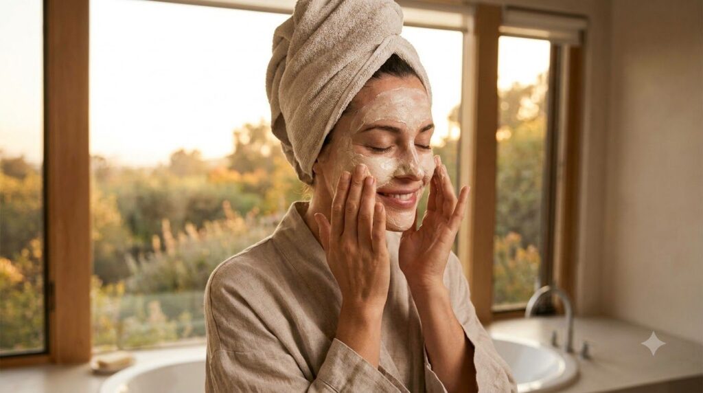 A woman gently applying a white smooth paste mask to her clean face with her fingertips Her eyes are closed showing a se