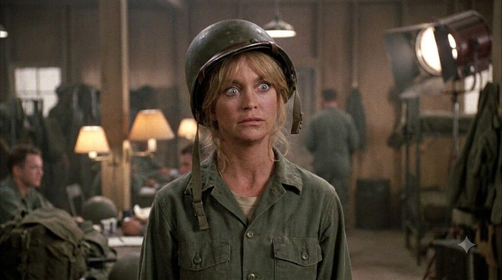 A real film still or promotional image featuring Goldie Hawn in a classic comedic role perhaps from Private Benjamin or 