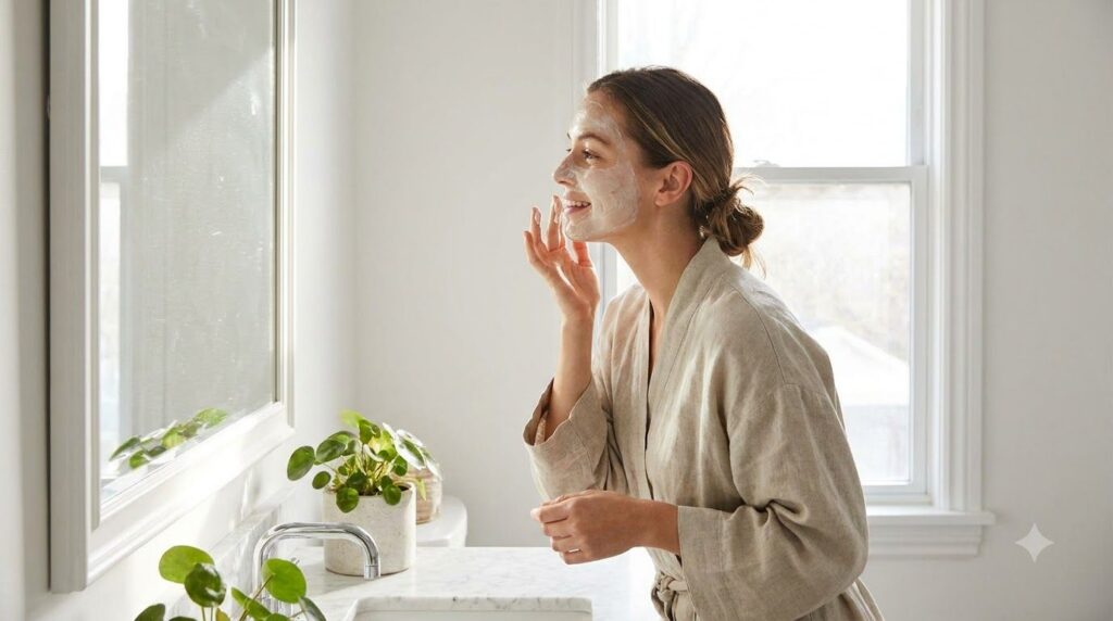 A woman gently applying a white paste to her cheek demonstrating careful application of a beauty mask