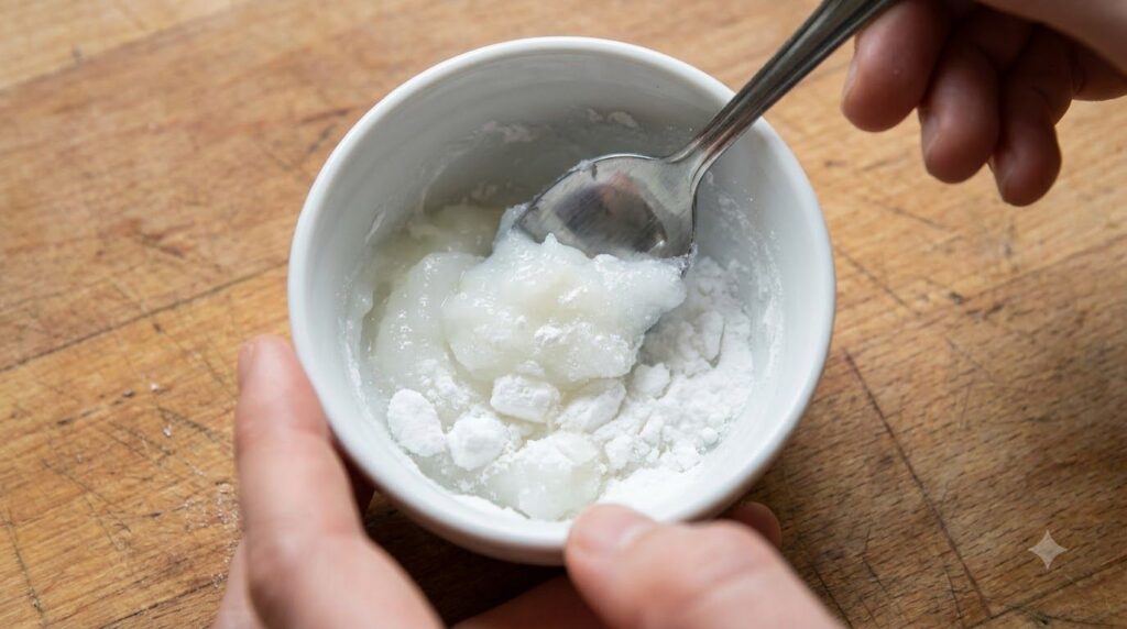 A close-up of a small bowl with Vaseline and baking soda being mixed into a paste with a spoon