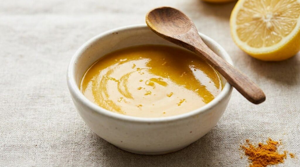 A small bowl containing a vibrant yellow smooth paste made from Vaseline turmeric and lemon with a mixing spoon