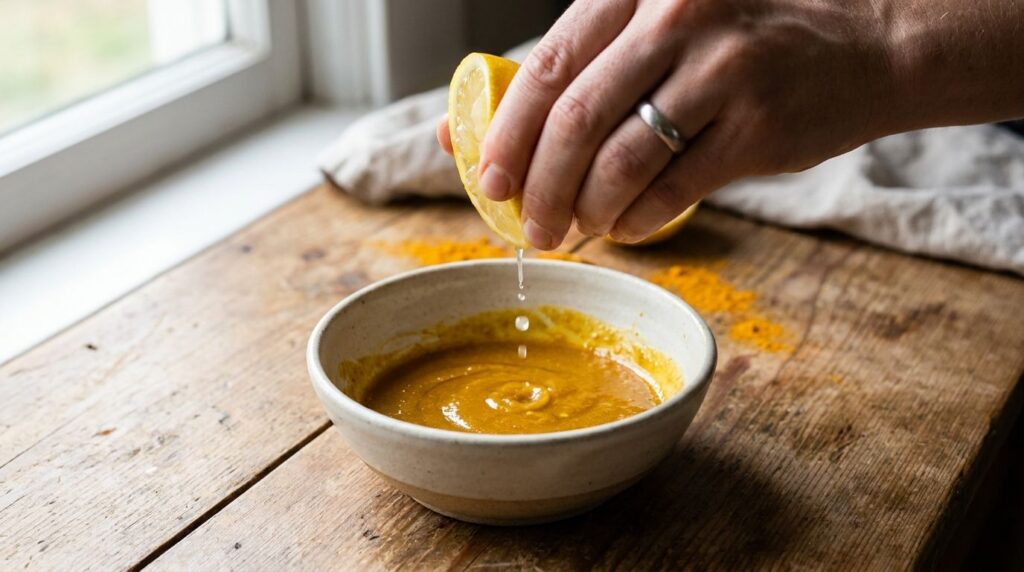 A close-up of a small bowl containing a golden mixture of Vaseline and turmeric with a few drops of lemon juice being ad
