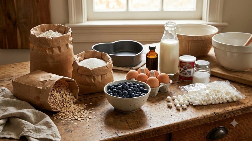 All the ingredients for Blueberry Marshmallow Heart Cake laid out neatly on a wooden kitchen counter flour sugar rolled 