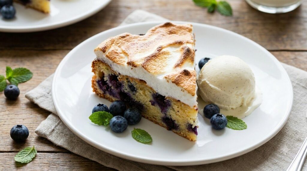 A slice of warm Blueberry Marshmallow Heart Cake on a small white plate served with a scoop of vanilla ice cream and a g