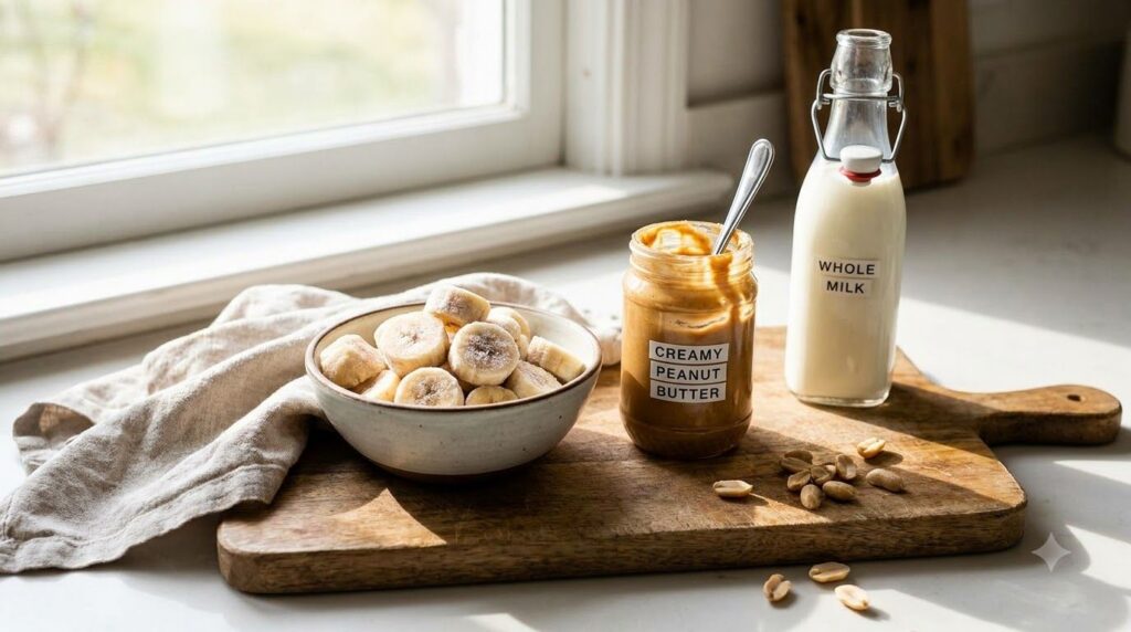 Ingredients for peanut butter banana ice cream laid out on a wooden board sliced frozen bananas a jar of peanut butter a
