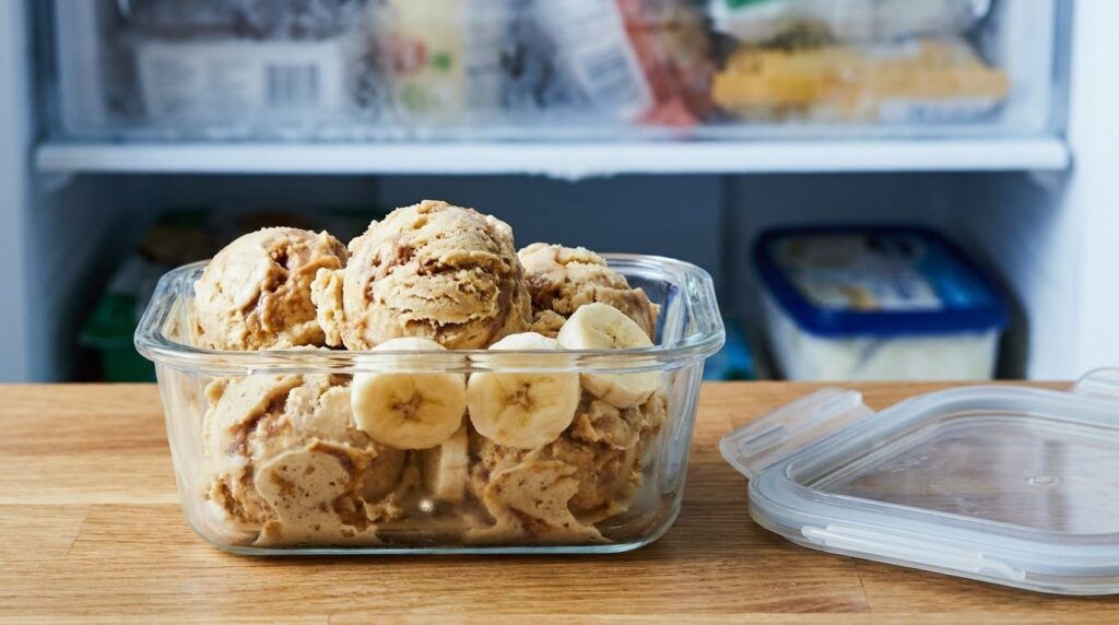 Scoops of peanut butter banana ice cream in a small glass container with a lid nearby ready for storage