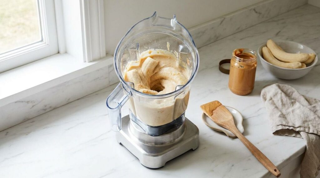 A high-speed blender blending the frozen banana and peanut butter mixture until smooth and creamy