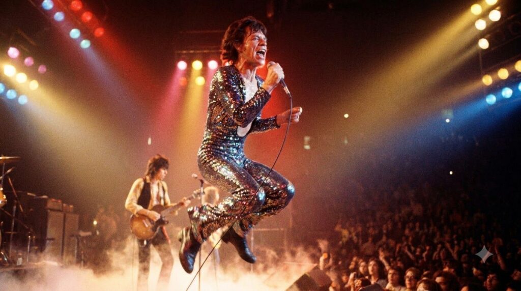 A 1970s concert photo of Mick Jagger performing energetically on stage bathed in stage lights with Keith Richards in the
