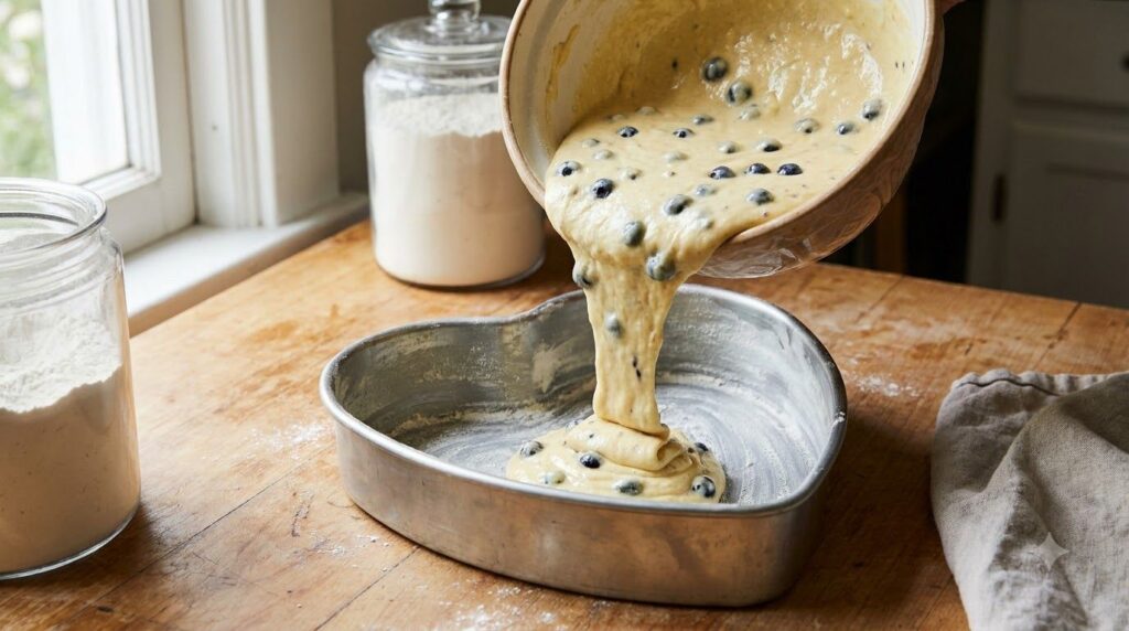 Cake batter speckled with blueberries being carefully poured into a greased and floured heart-shaped baking pan on a kit