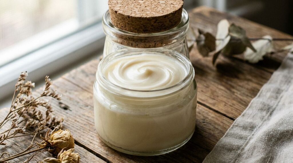 A small airtight container filled with the freshly made DIY hydrating balm with the texture visible