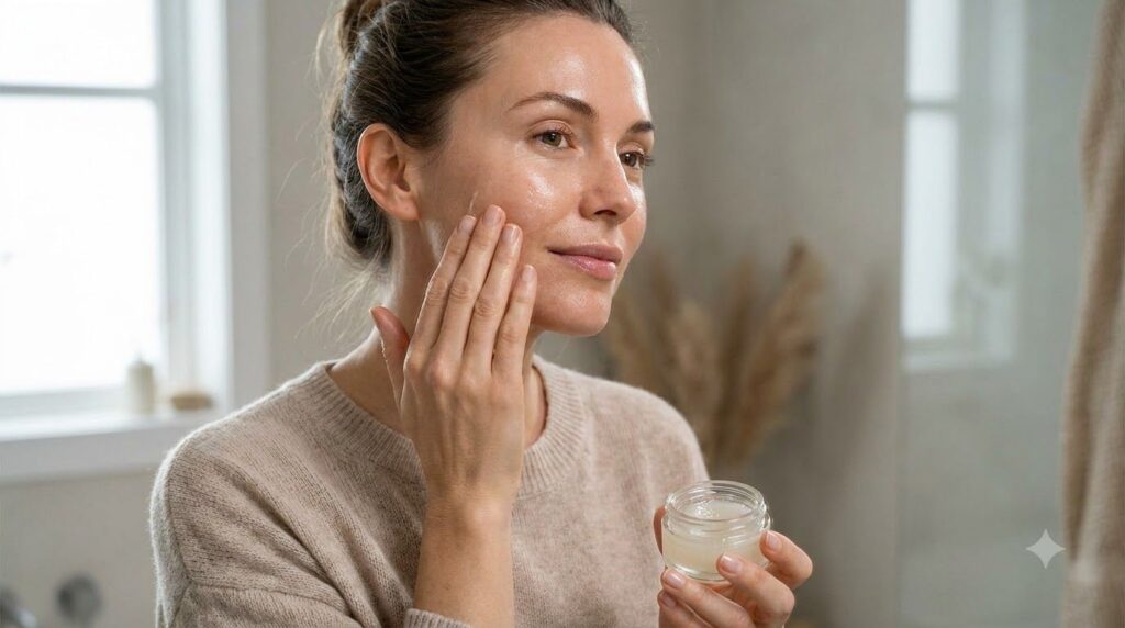 A person gently applying the homemade balm to their face or neck emphasizing soft youthful-looking skin