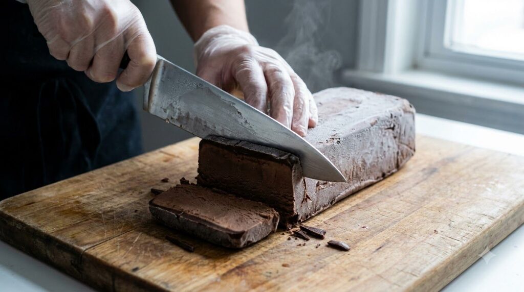 Hands cutting a frozen block of banana ice cream into bars on a cutting board