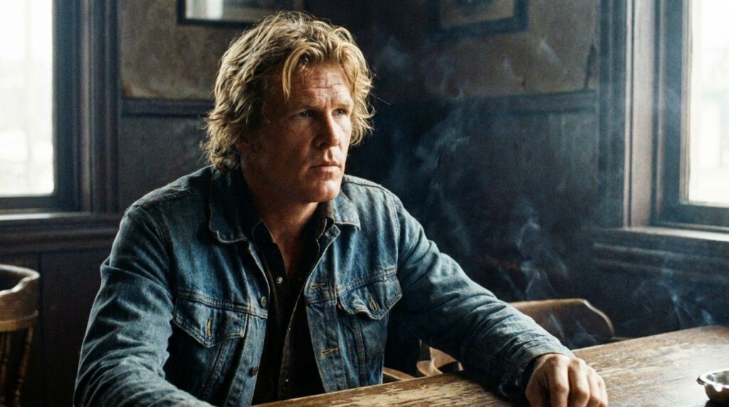 Nick Nolte in a scene from one of his classic 70s or 80s films showcasing his iconic blonde hair and intense expression