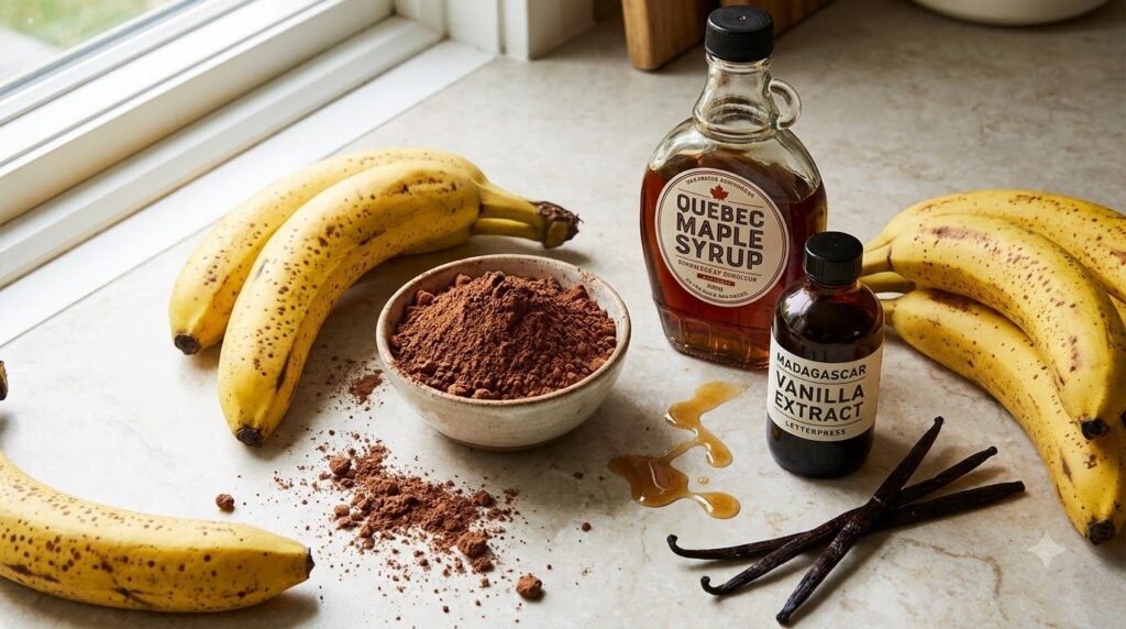 A colorful flat lay of ripe bananas cocoa powder maple syrup and vanilla extract on a light background