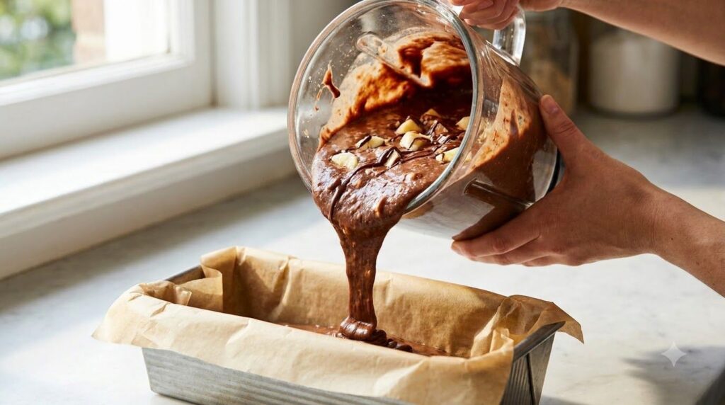 A shot of the banana mixture being poured into a parchment-lined loaf pan ready for freezing