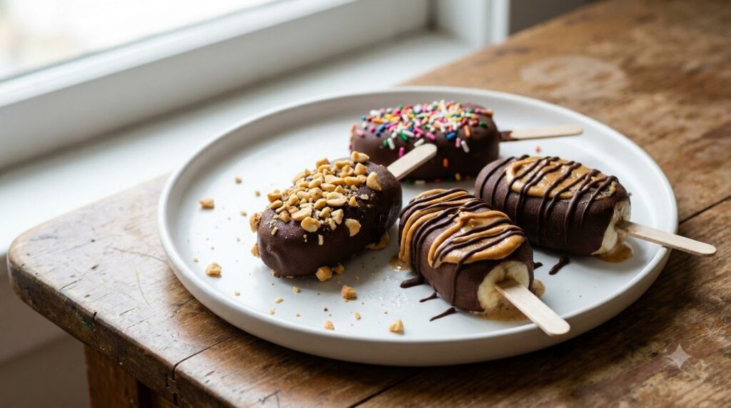 A selection of mini chocolate banana ice cream bars with different toppings like chopped nuts sprinkles and a peanut but