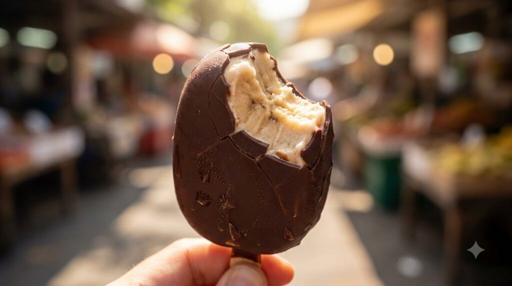 A single perfectly coated chocolate banana ice cream bar with a bite taken out of it showcasing the creamy interior