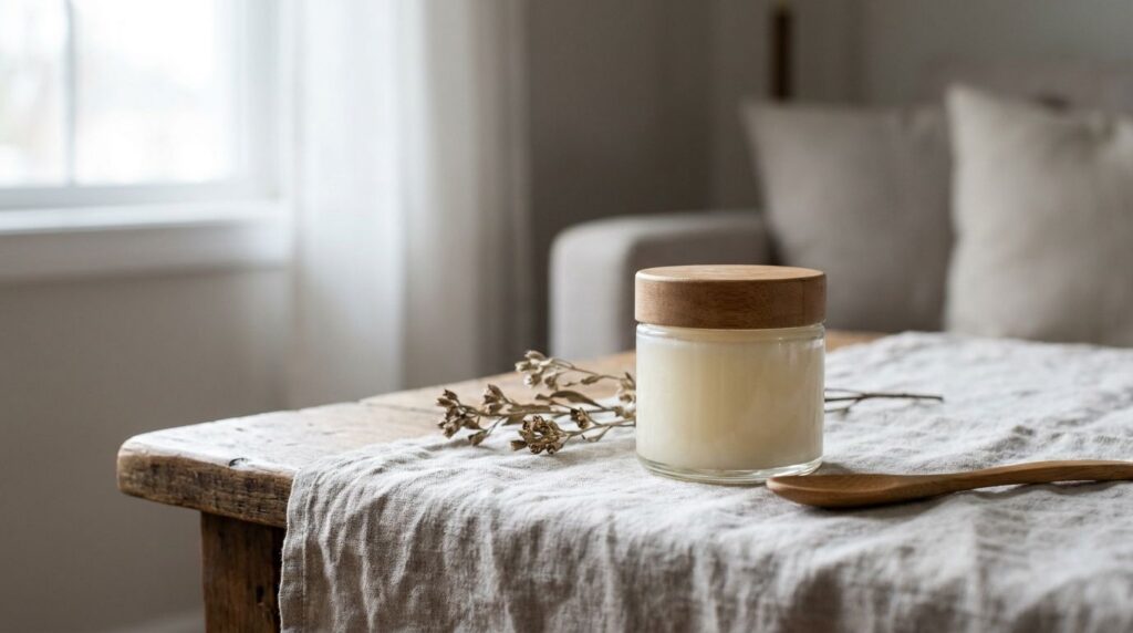 A small clear glass jar filled with the freshly made DIY Vaseline anti-aging gel with a smooth balm-like texture