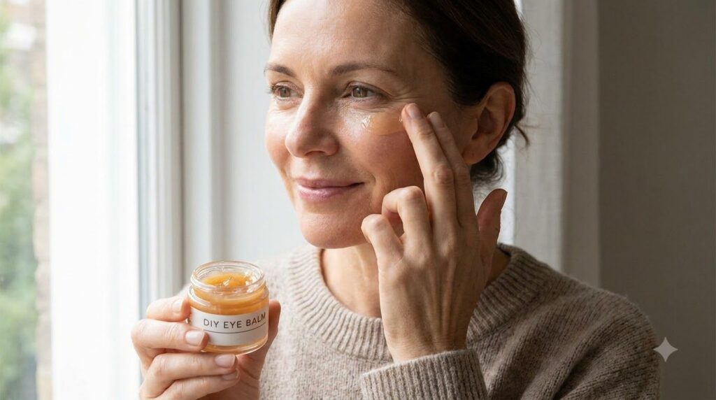 A woman gently applying the DIY Vaseline anti-aging gel to her face focusing on fine lines around her eyes with a soft r