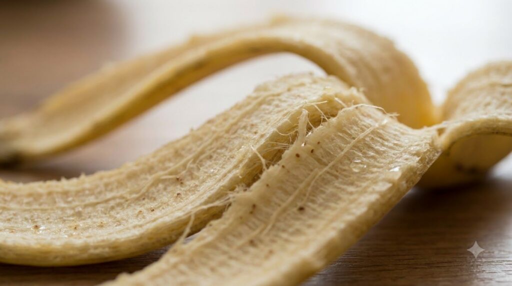 A close-up of the inside of a fresh banana peel ready to be used