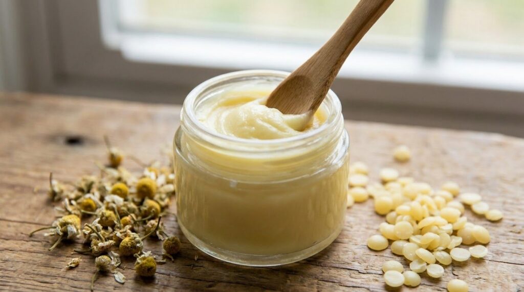 A close-up shot of a small glass jar containing a creamy light yellow Vaseline mixture being stirred with a tiny spatula