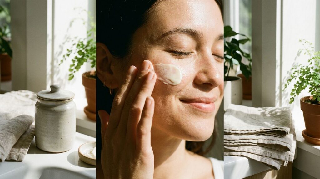 A person gently applying a creamy substance to their face showcasing radiant healthy-looking skin suggesting the benefit