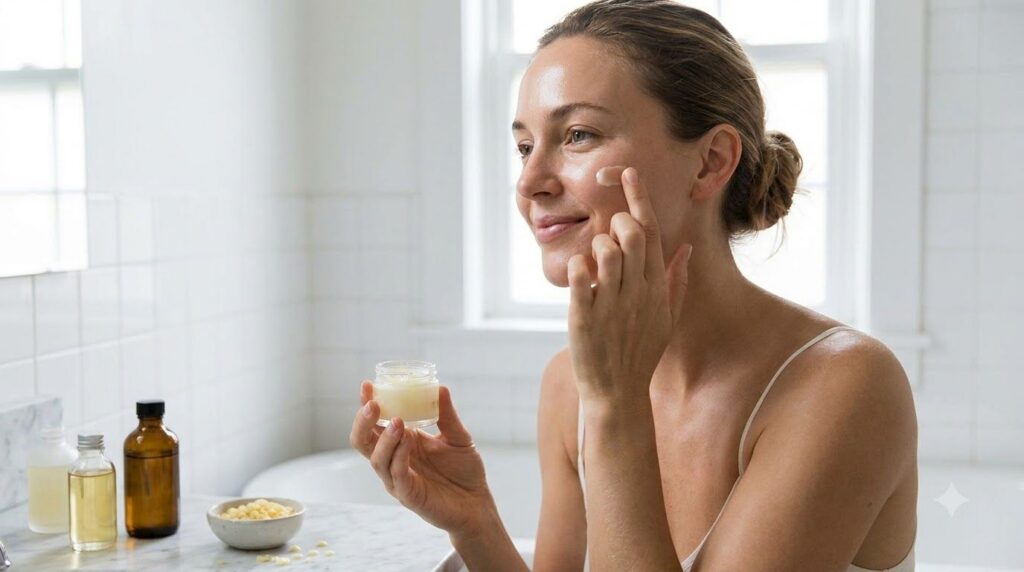 A woman gently applying a small amount of an infused Vaseline blend to her cheek with her fingertip showcasing soft glow