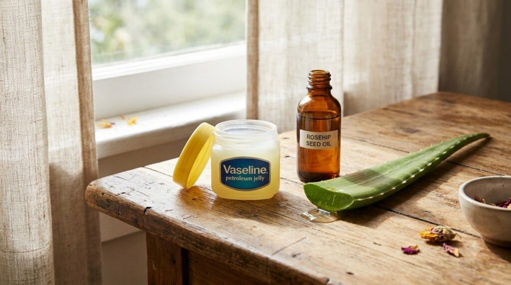 A small pot of Vaseline next to an open bottle of rosehip oil and a fresh aloe vera leaf highlighting the natural ingred