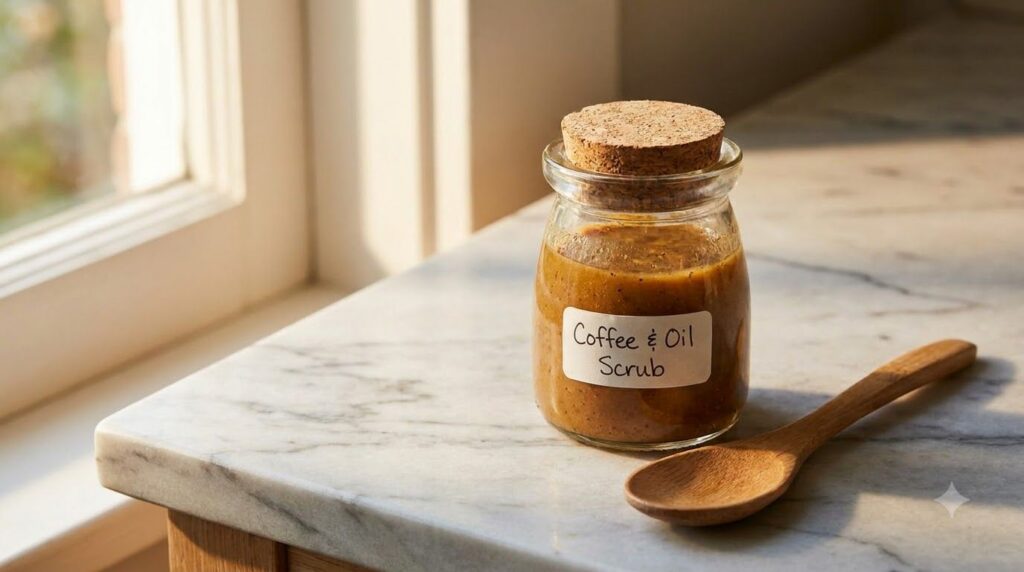 A small glass jar filled with the prepared coffee and baby oil night glow cream showing a rich brown creamy texture