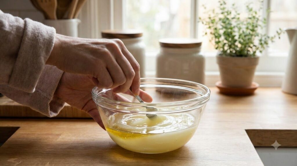 A person s hand mixing Vaseline with a small amount of oil in a glass bowl using a mini spatula The texture of the mixtu