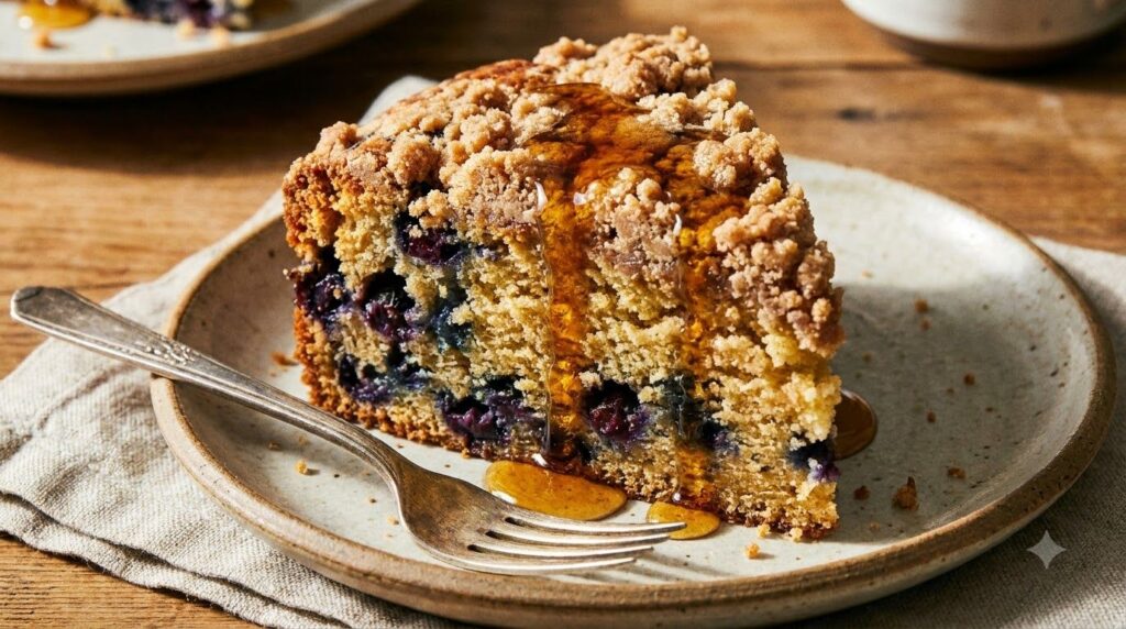 A close-up shot of a thick slice of blueberry breakfast cake with a crumbly streusel topping and a drizzle of maple syru