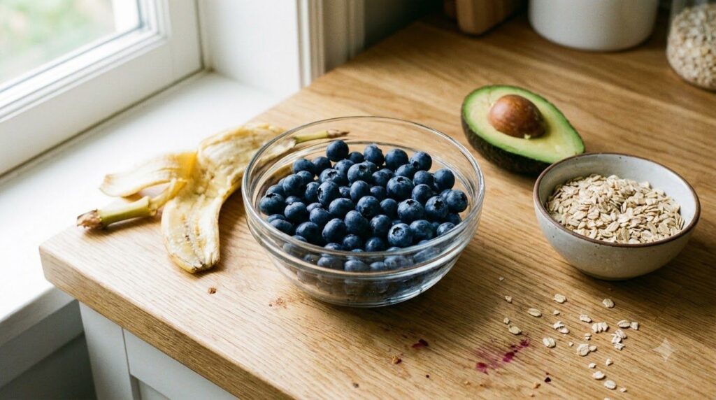 A clear glass bowl filled with fresh blueberries surrounded by a mashed banana a halved avocado and a bowl of rolled oat