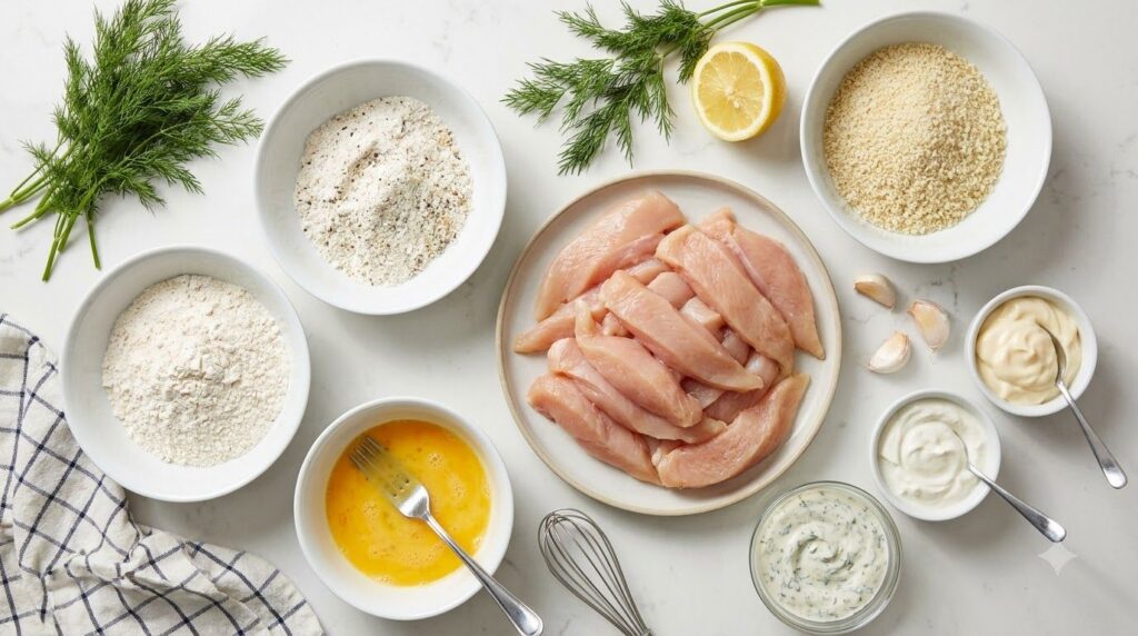 A collection of fresh ingredients for crispy chicken strips and creamy dill dip laid out on a kitchen counter chicken br