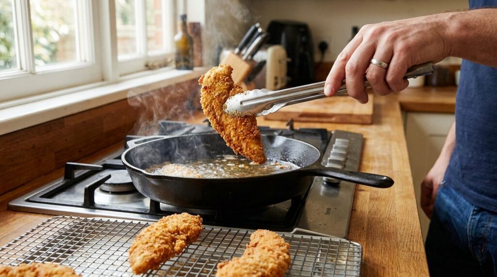 A hand using tongs to remove a perfectly golden-brown crispy chicken strip from a hot skillet and placing it onto a wire