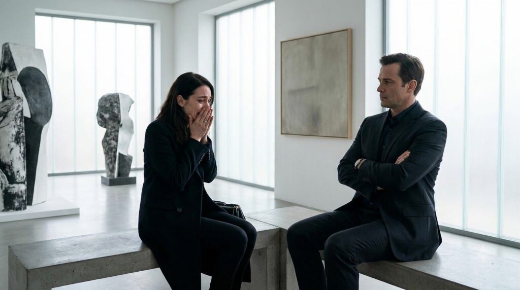 A woman Elena Vanessa breaking down and crying confessing a painful secret to a man Damian in a quiet modern art gallery
