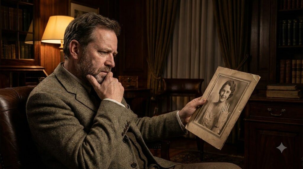 A man in a luxurious study staring intently at an old framed photograph of a beautiful woman wearing a distinct ring The