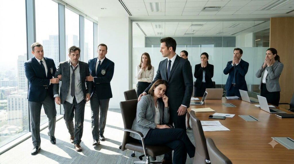 A tense corporate boardroom scene with a man Michael being apprehended by security guards while another man Damian stand