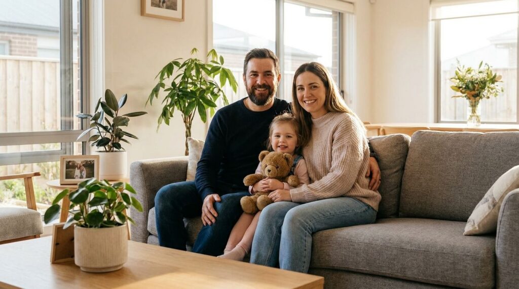A family portrait of Damian Elena and Lily smiling warmly together in a bright modern living room symbolizing a new begi