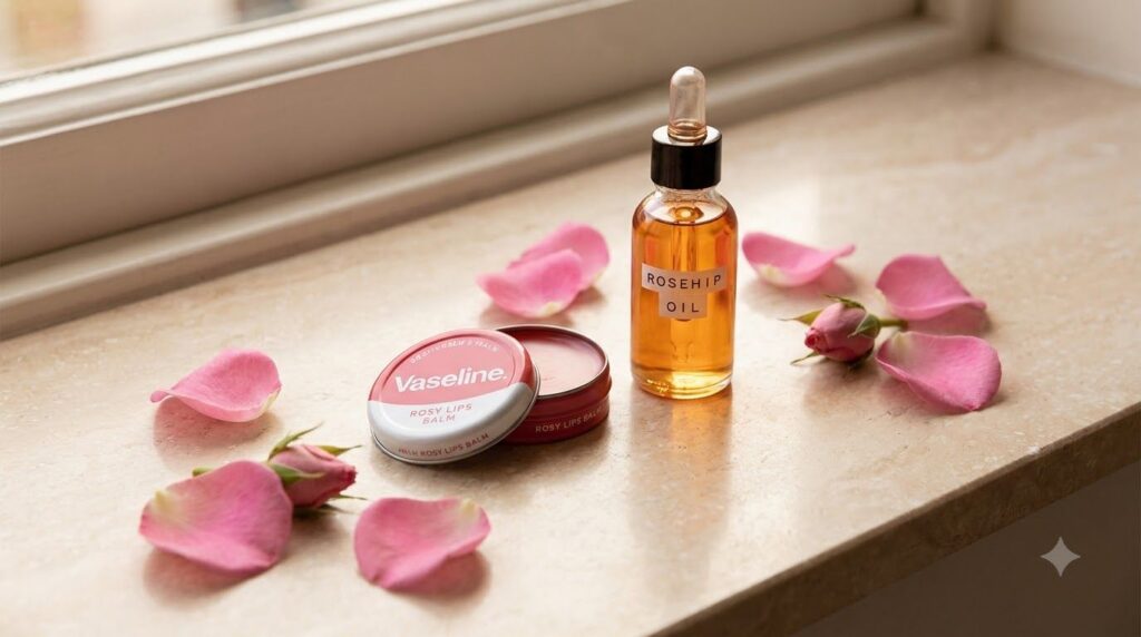 A tube of Vaseline Rosy Lips balm next to a dropper bottle of rosehip oil surrounded by fresh rose petals symbolizing co
