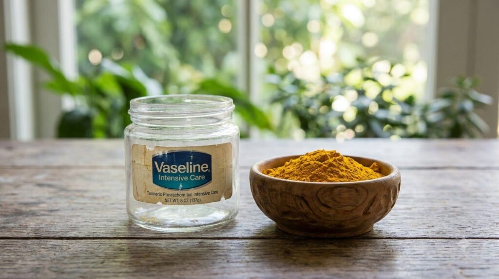 A jar of Vaseline Intensive Care next to a small bowl of turmeric powder with green foliage in the background emphasizin