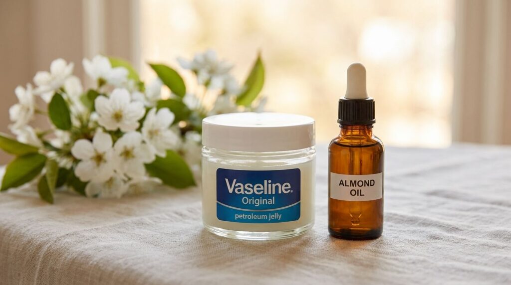 A jar of Vaseline Original next to a small bottle of almond oil with a subtle background of delicate white flowers sugge