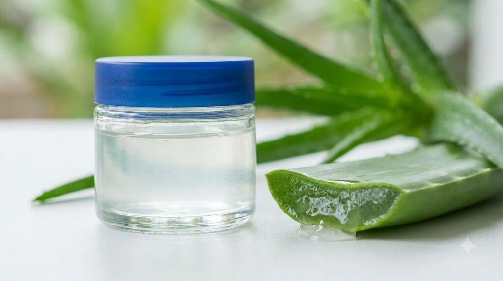 A jar of Vaseline Aloe Soothing next to a freshly cut aloe vera leaf with a soothing green and white aesthetic focusing 