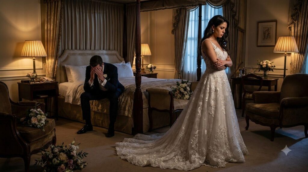 A shocked groom Ethan looking conflicted sits on the edge of a luxurious bridal suite bed head in his hands His bride Va