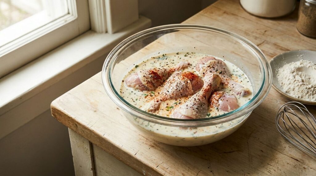 Raw chicken drumsticks marinating in a bowl of buttermilk and spices ready for breading