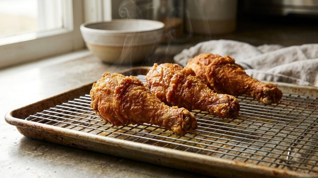 A close-up shot of several crispy fried chicken drumsticks draining on a wire rack with steam gently rising showcasing t