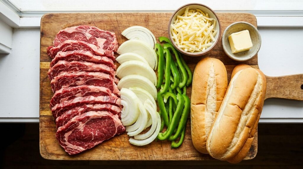 A flat lay image showing all the ingredients for a Philly cheesesteak laid out neatly on a wooden cutting board thinly s