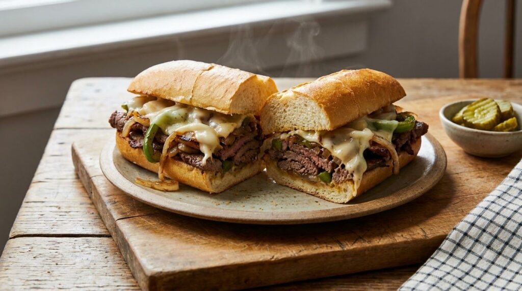 A beautifully assembled homemade Philly Cheesesteak sliced in half to show the juicy filling and creamy cheese sauce rea