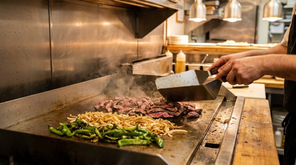 Thinly sliced ribeye steak onions and green bell peppers cooking together on a large sizzling flat-top griddle or skille