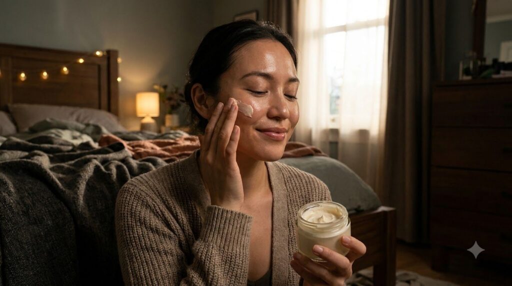 A person gently applying the homemade skin protectant and almond oil night cream to their face before bed showing a glow