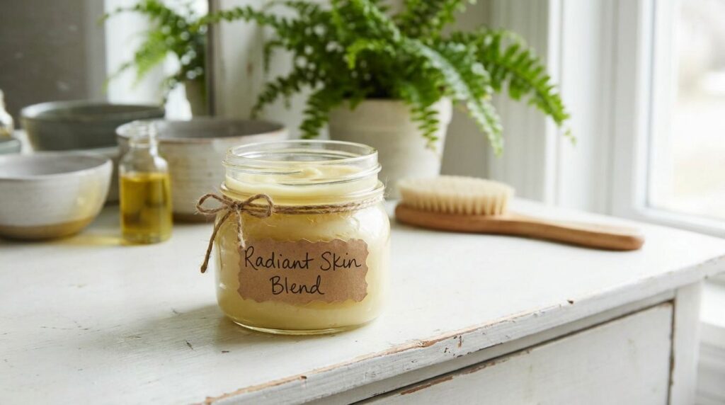 A small clear glass jar filled with the finished creamy skin blend labeled Radiant Skin Blend sitting on a vanity with s